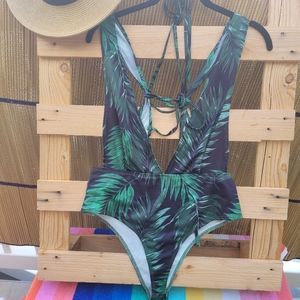One piece swimsuit, no tag, no size, green and black